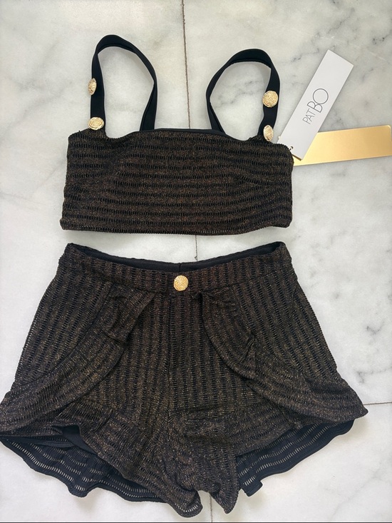 PatBO Pants - PatBO Black and Gold Metallic Knit Crop Top & High-Waist Shorts